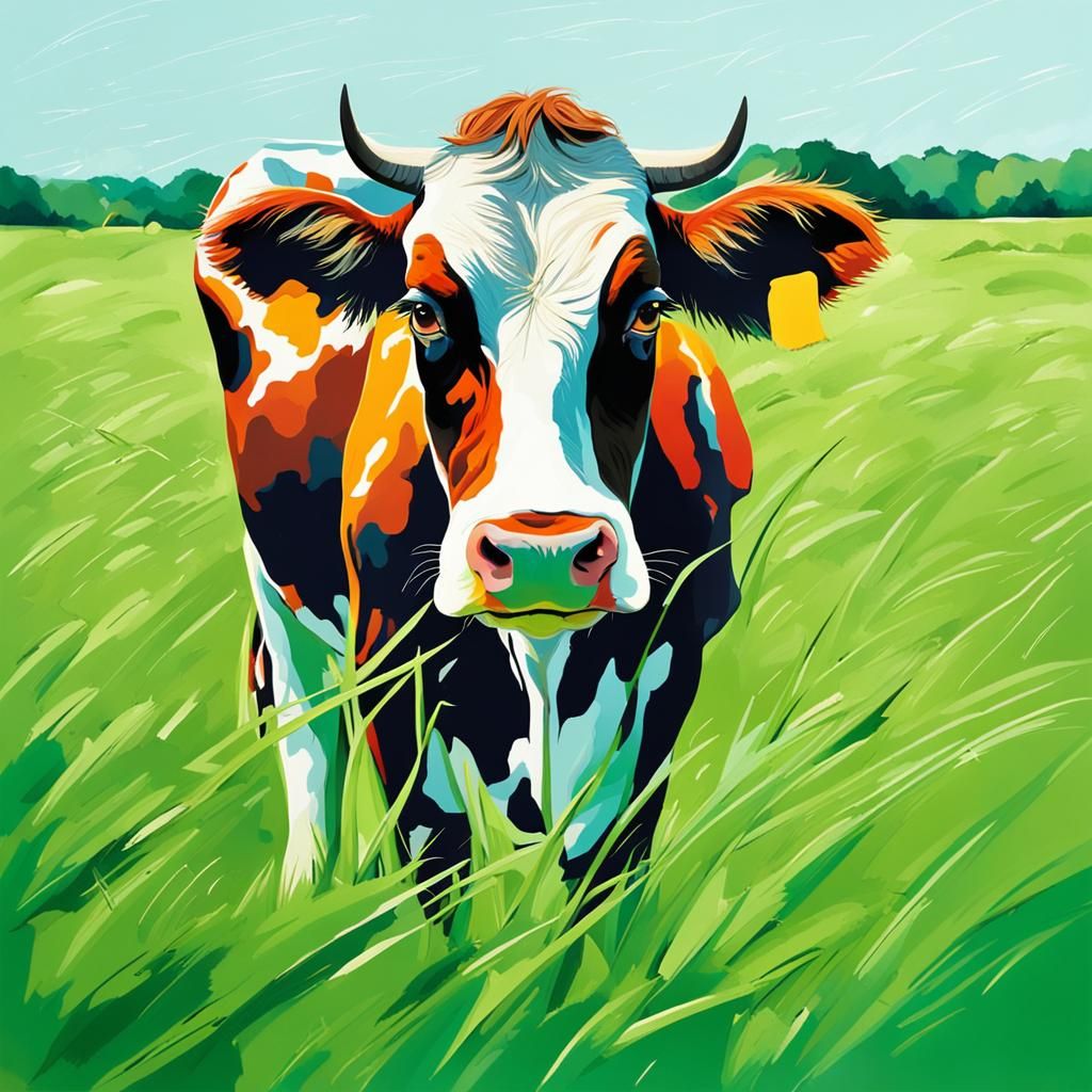 Cow Grazing in Summer Field: Abstract Art