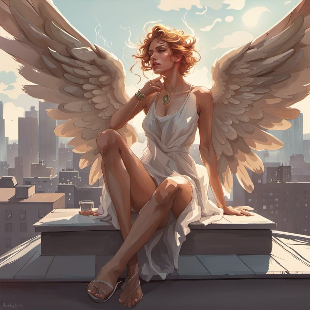 Angel Smoking on Rooftop: Hyperdetailed Digital Art