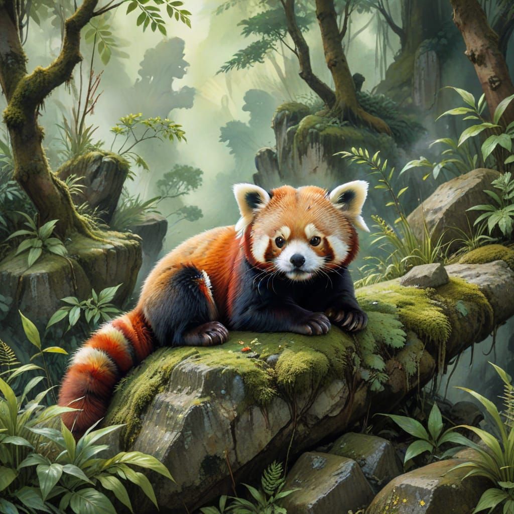 Red Panda on Mossy Rock in Spring Jungle Hues