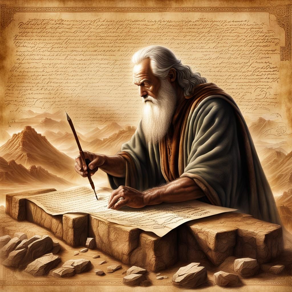 Moses Writing on Parchment: Detailed Matte Painting