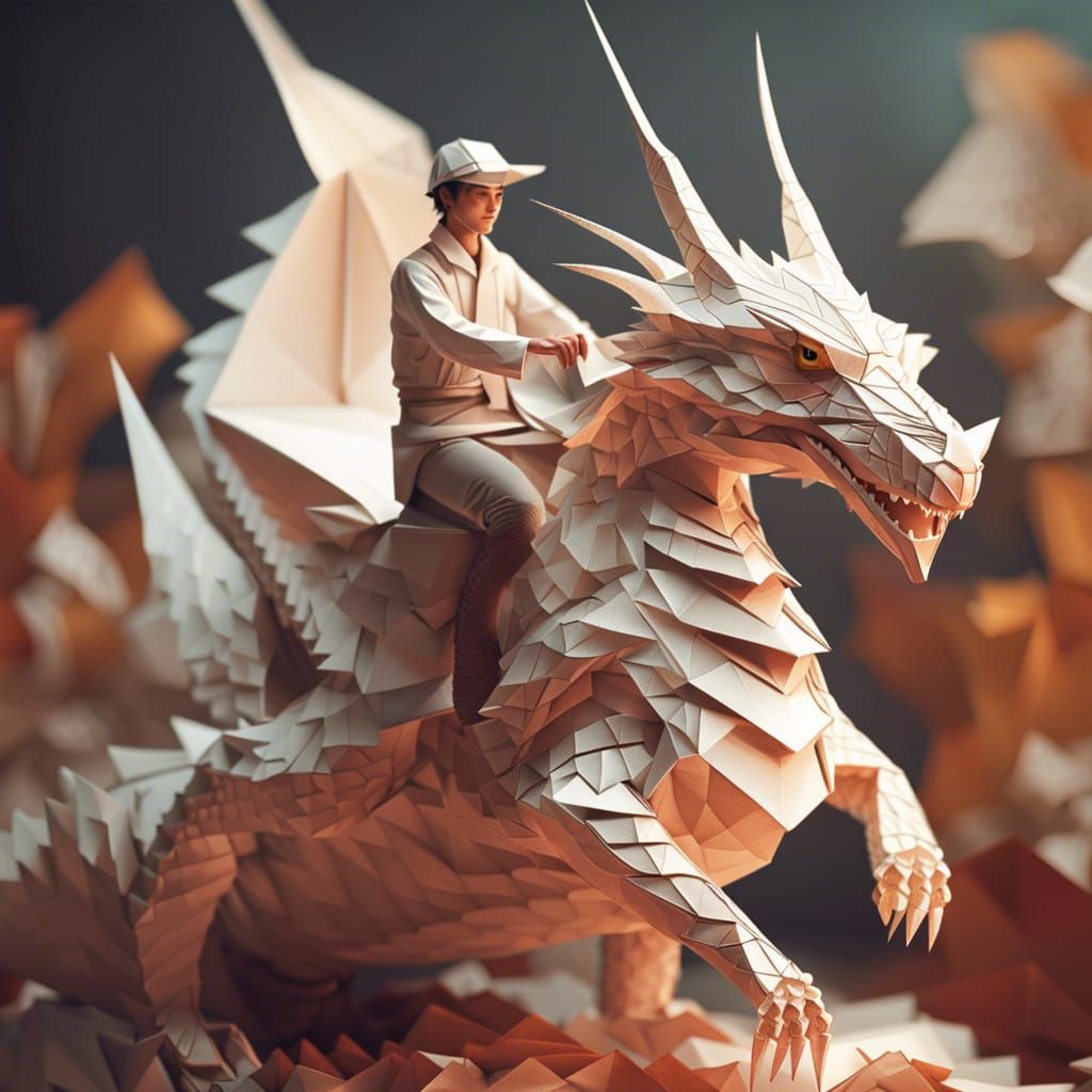 Man Riding Dragon in Origami Papercraft Style
