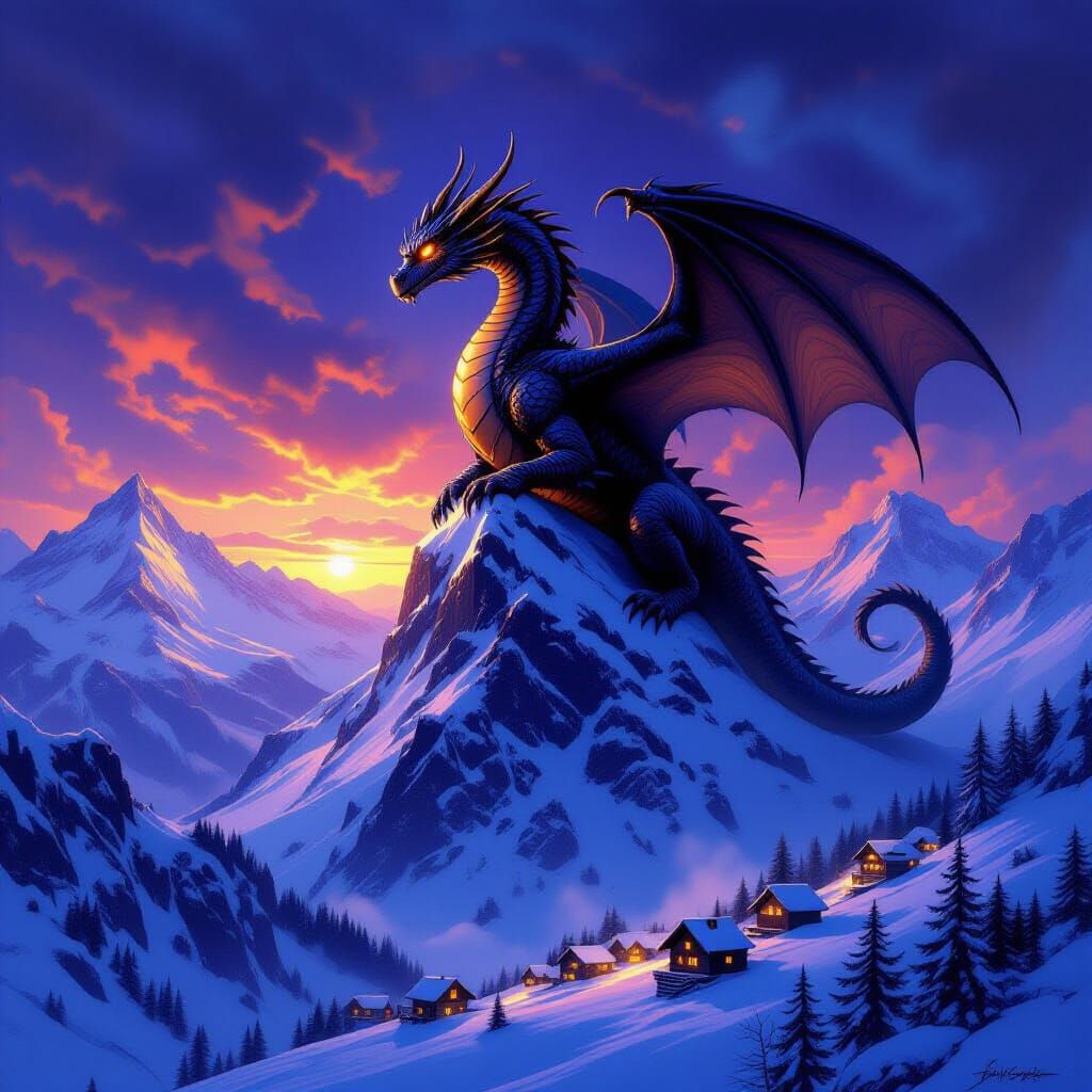 Ancient Dragon on Alpine Peak, Fantasy Concept Art