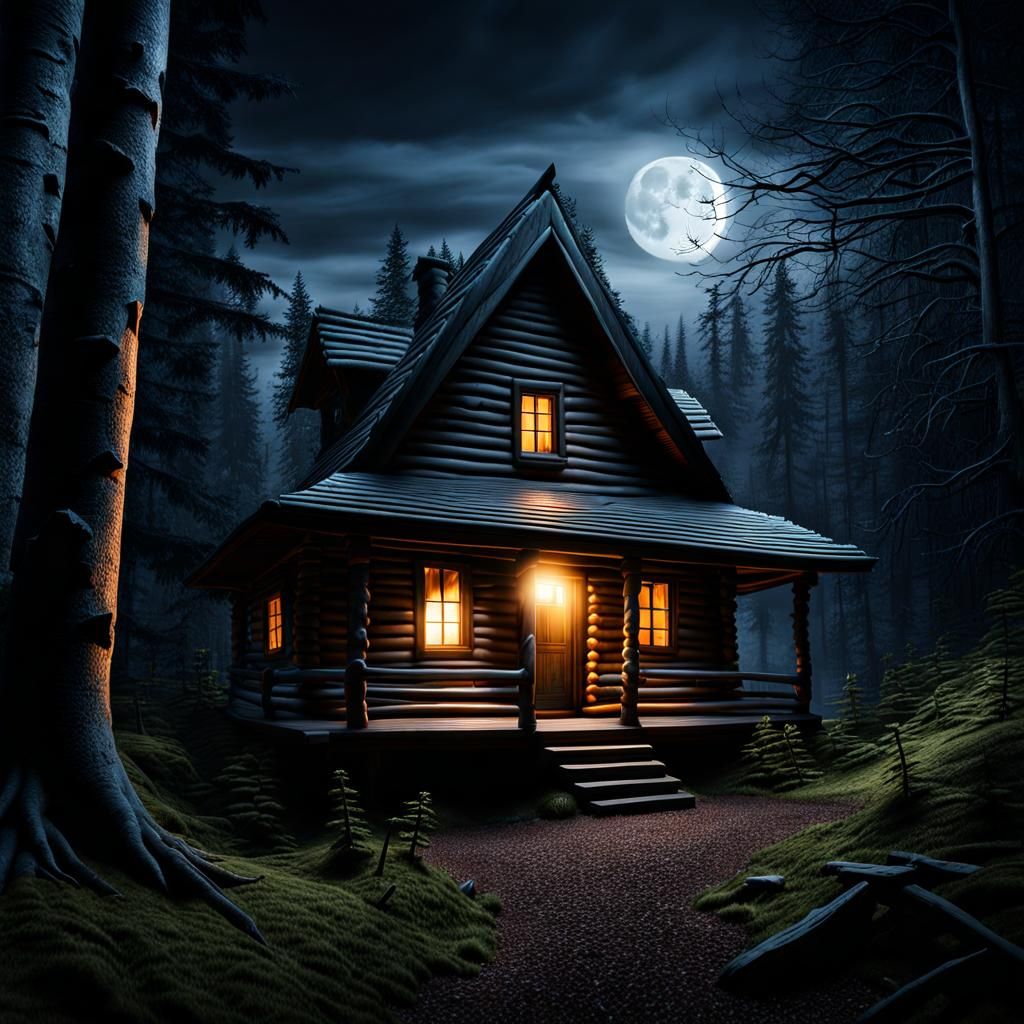 Spooky Log House in Dark Forest at Night