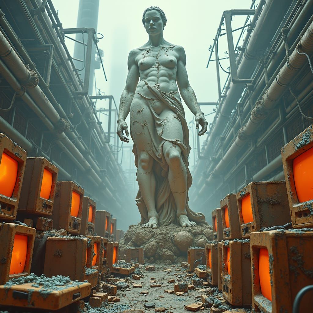Cyberpunk Dystopia: A Ghostly Statue in a Junkyard Dreamscap...