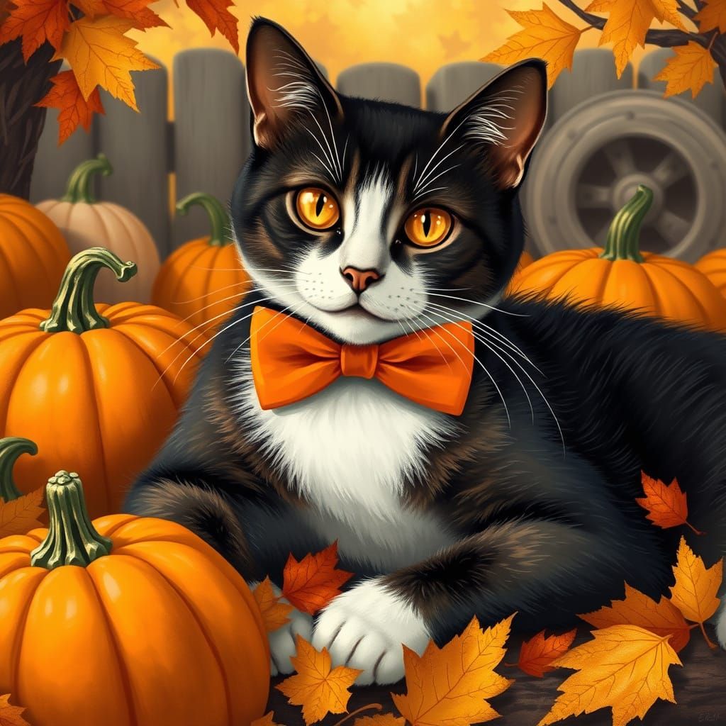 Tuxedo Cat Lounging in Autumn, Beatrix Potter Style