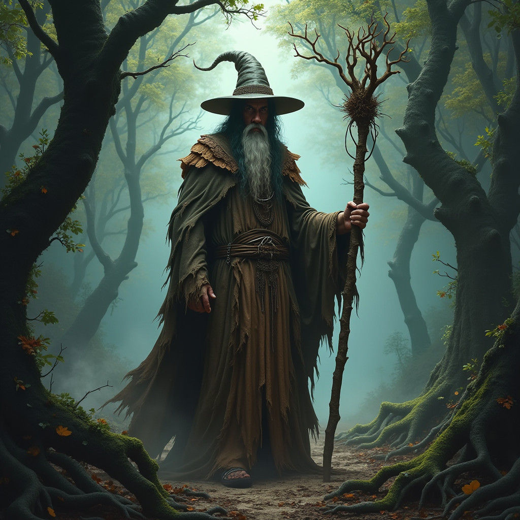Mystical Wizard in Forest, Dark Fantasy Matte Painting