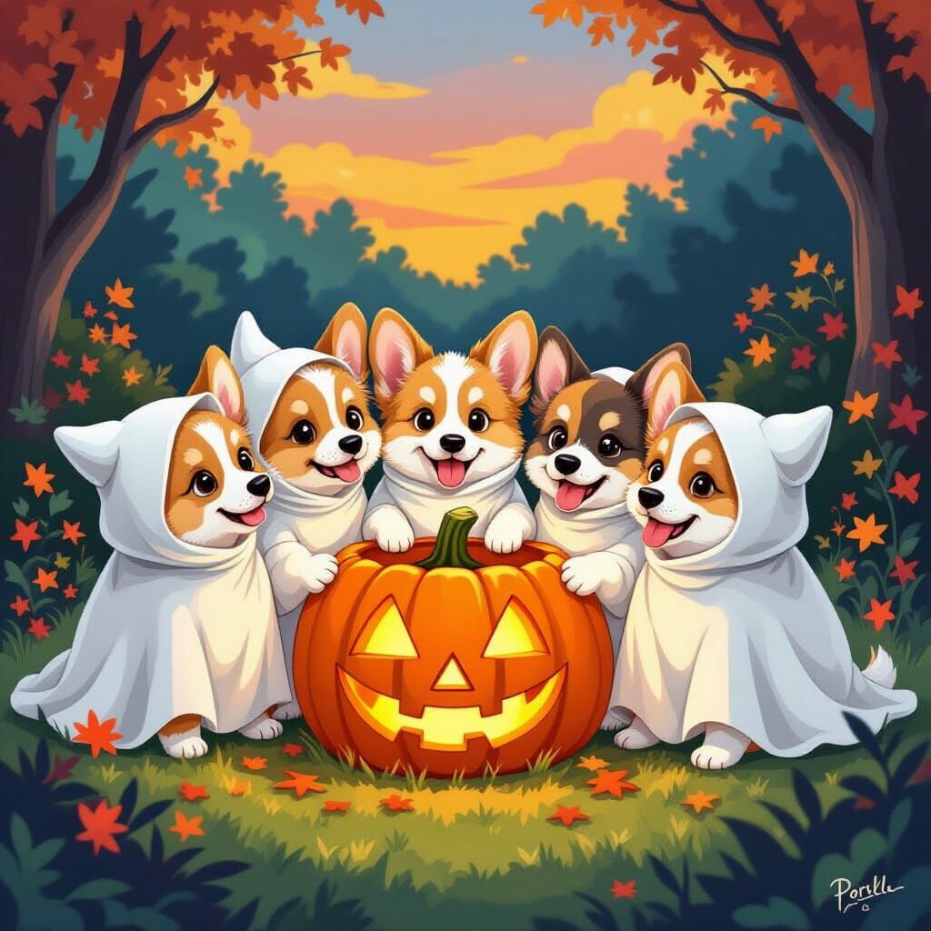 Playful Corgi Ghosts Around Glowing Jack-o'-lantern