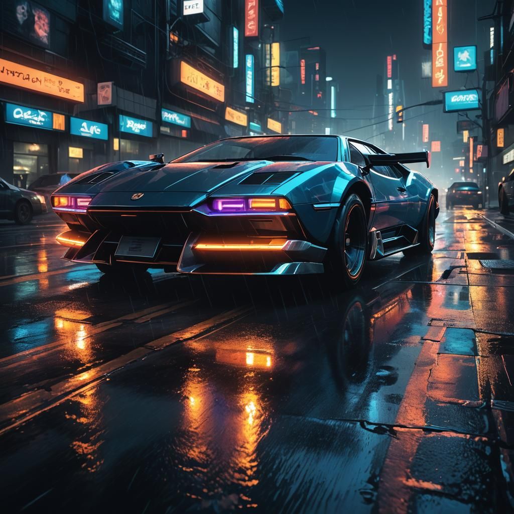 Cyberpunk Car Speeds Down Neon Highway