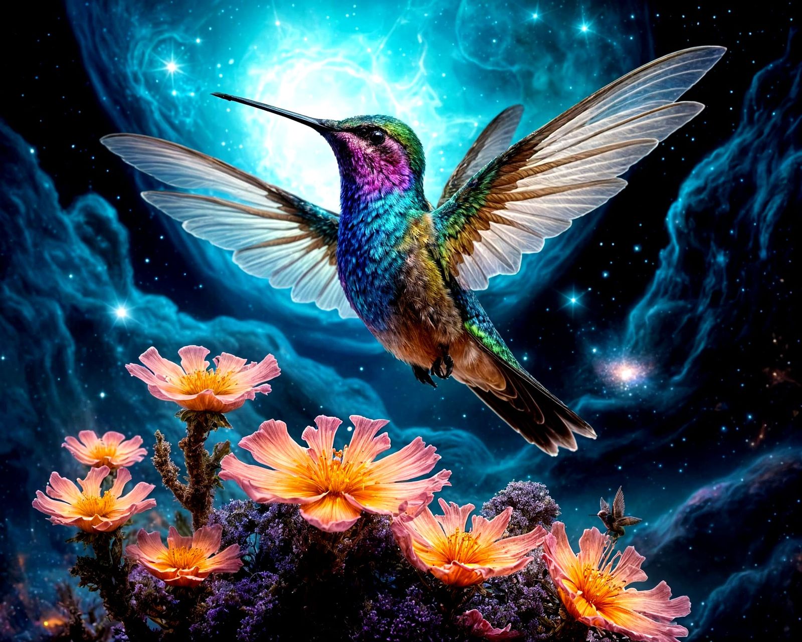 Cosmic Hummingbird in Ethereal Dreamscape