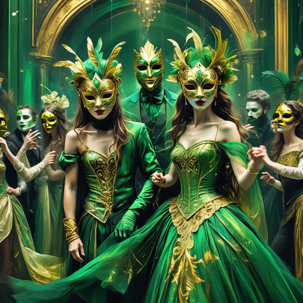 Green and Gold Masquerade Ball in Glitch Art Style