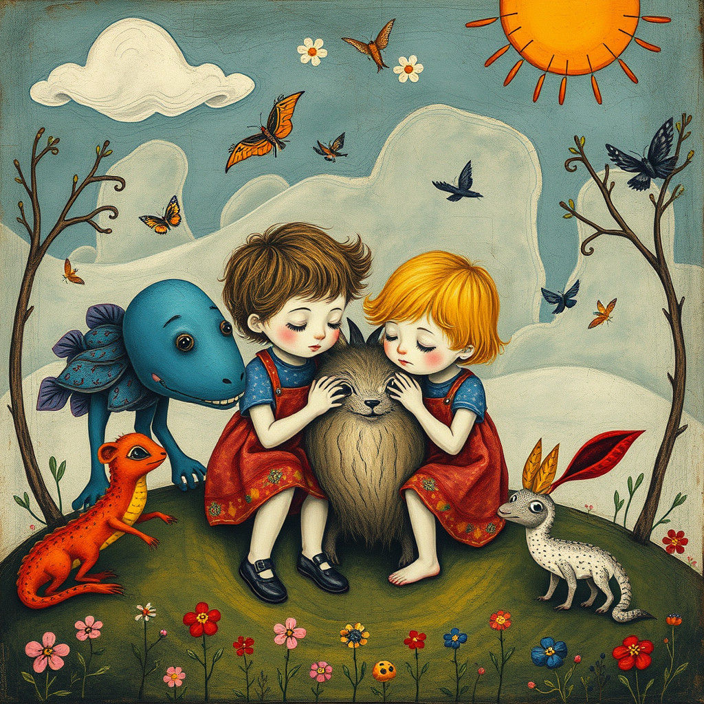 Children and Mythical Beasts in Art Brut Style