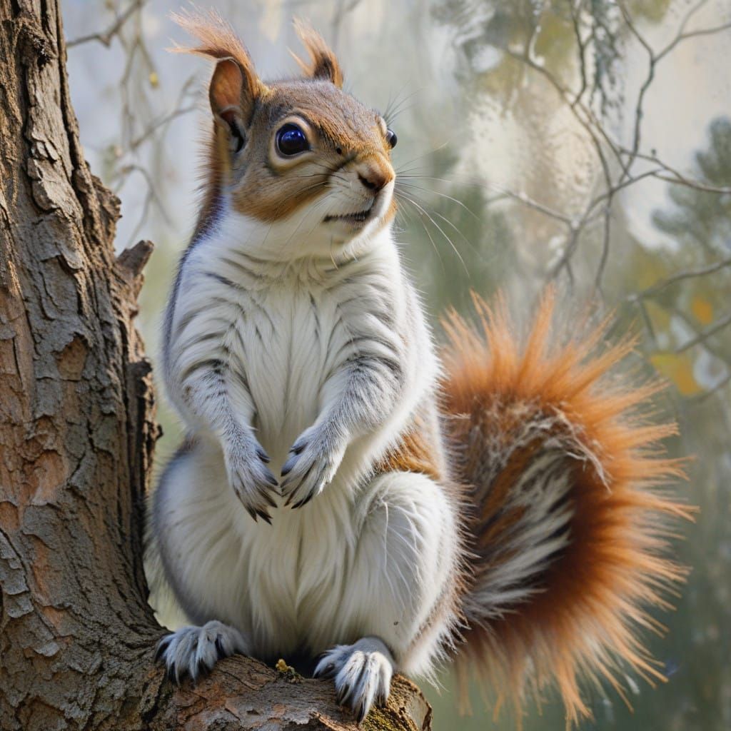 Majestic, Furry Squirrel Hangs on Tree's Side with Wide Eyes...