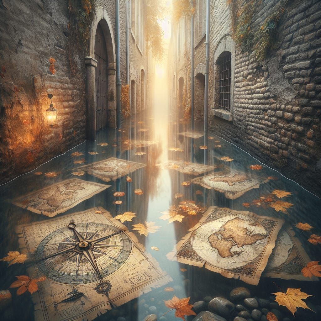Surreal Floodwater Street with Antique Maps and Autumn Leave...