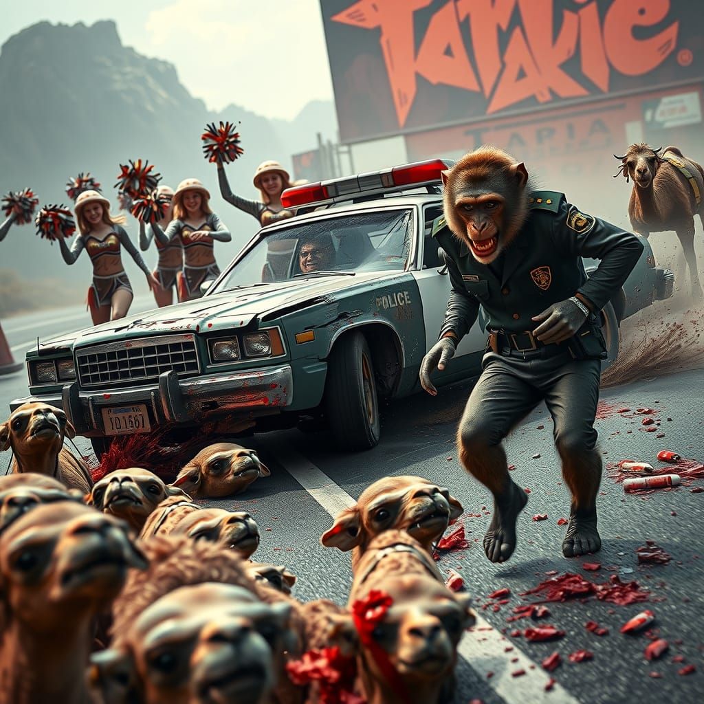 1980s Police Car Chaos in a Hyper-Realistic Scene