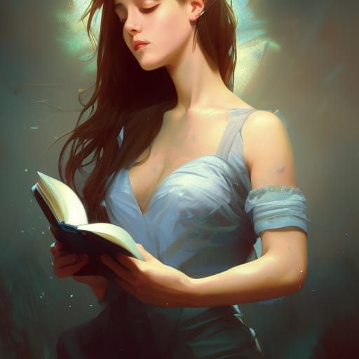 Detailed Portrait of Girl Reading, Hyperdetailed Splash Art