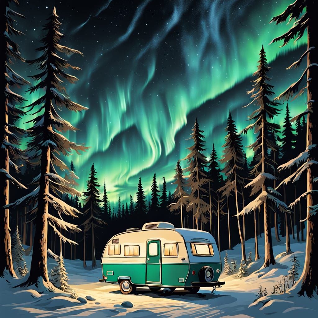 Vintage Camper Under Northern Lights Illustration