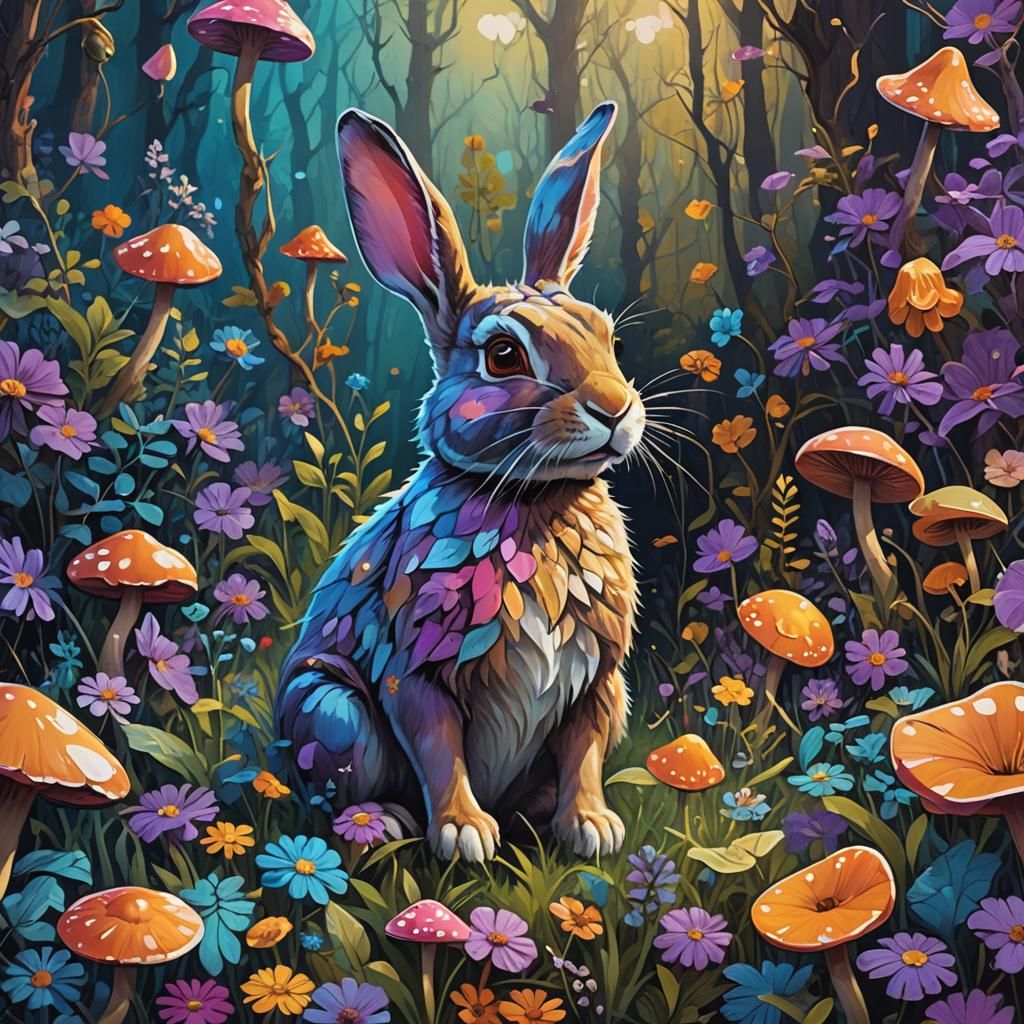 Rabbit in Floral Wonderland: Fantasy Oil Painting