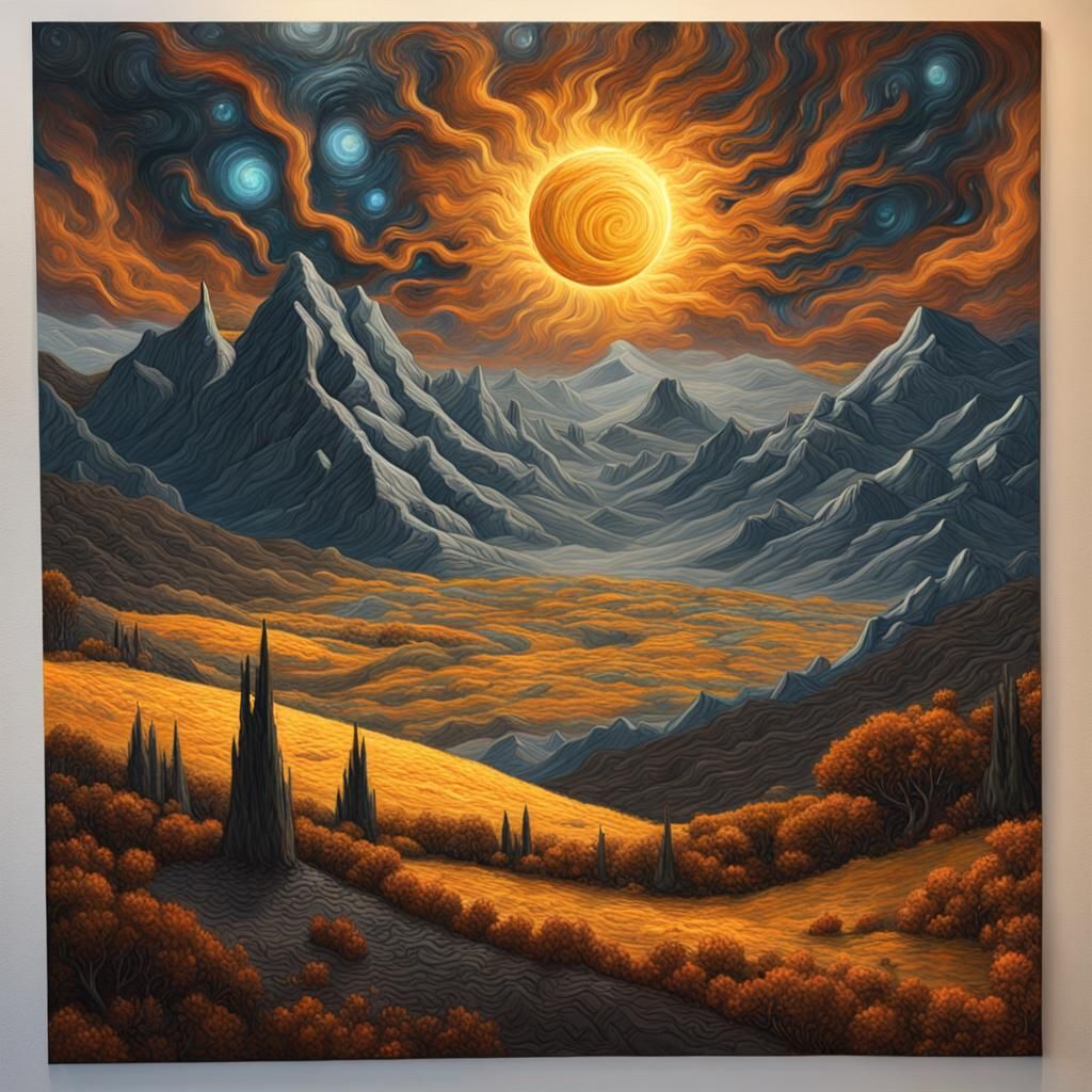 Cyberpunk Sun Over Fantasy Landscape as Oil Painting