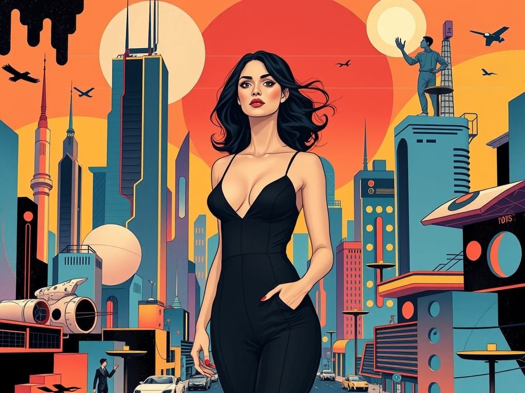 Futuristic Cityscape with Woman in Expressive Style
