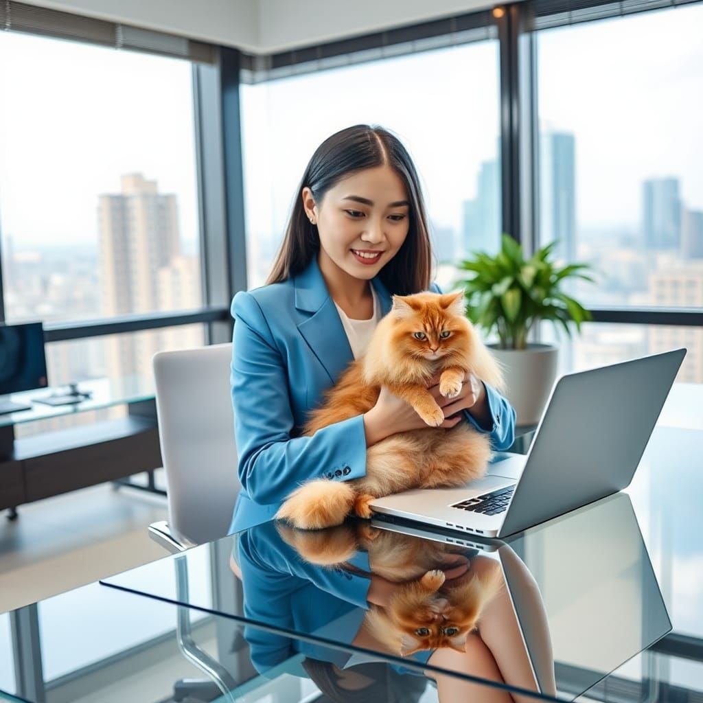 Korean Businesswoman with Cat in Modern Office