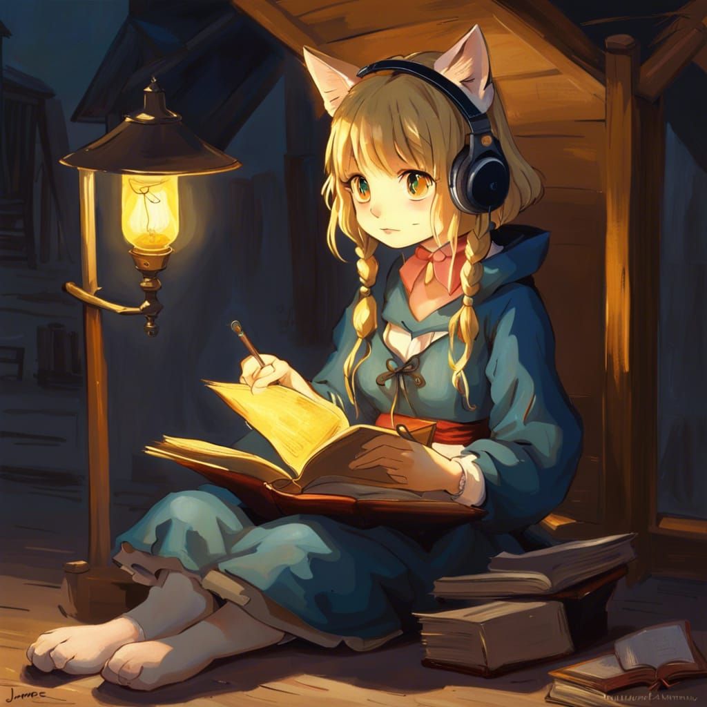 Medieval Cat-Girl Reading in Van Gogh Style