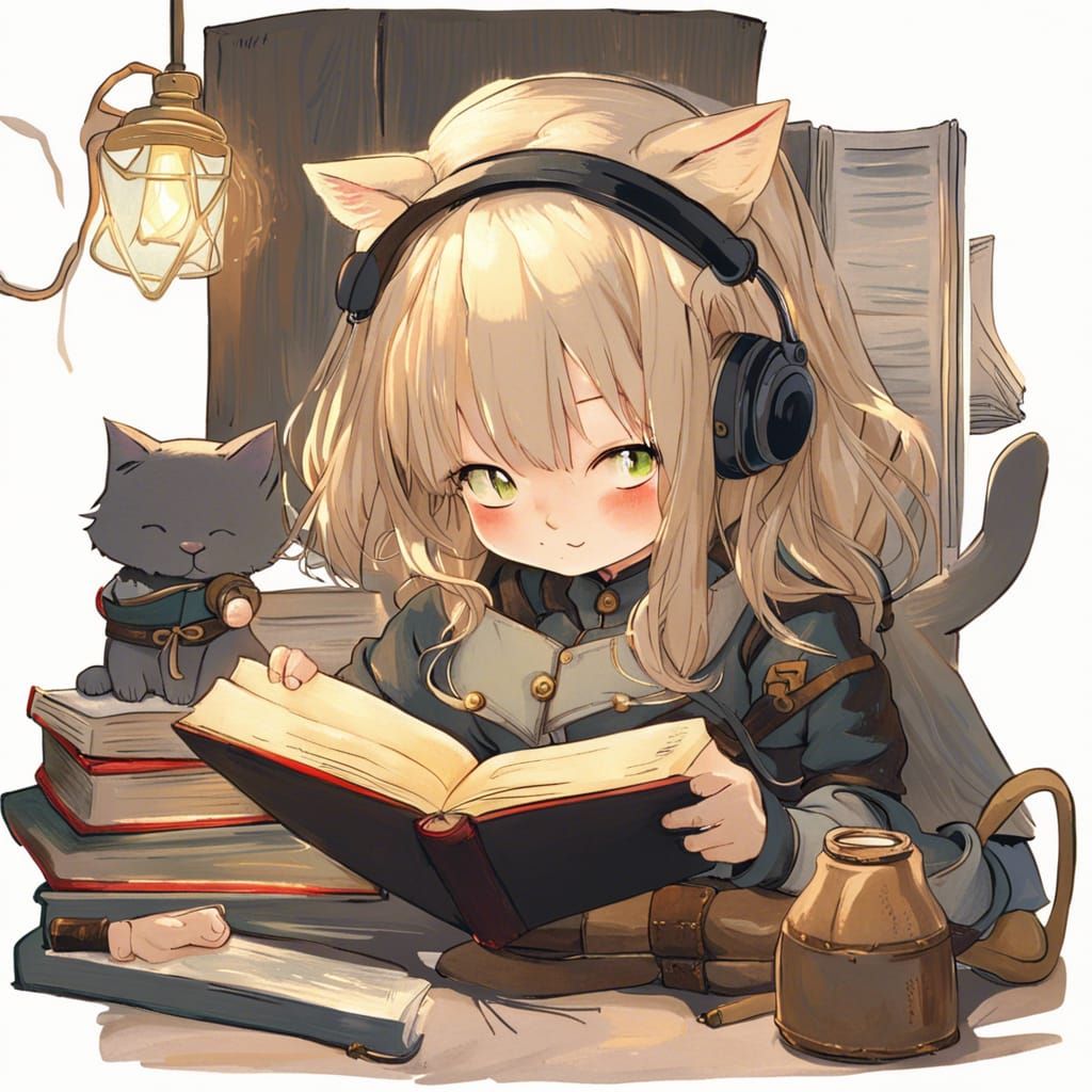 Medieval Cat-Girl Reading: Van Gogh Style Oil Painting