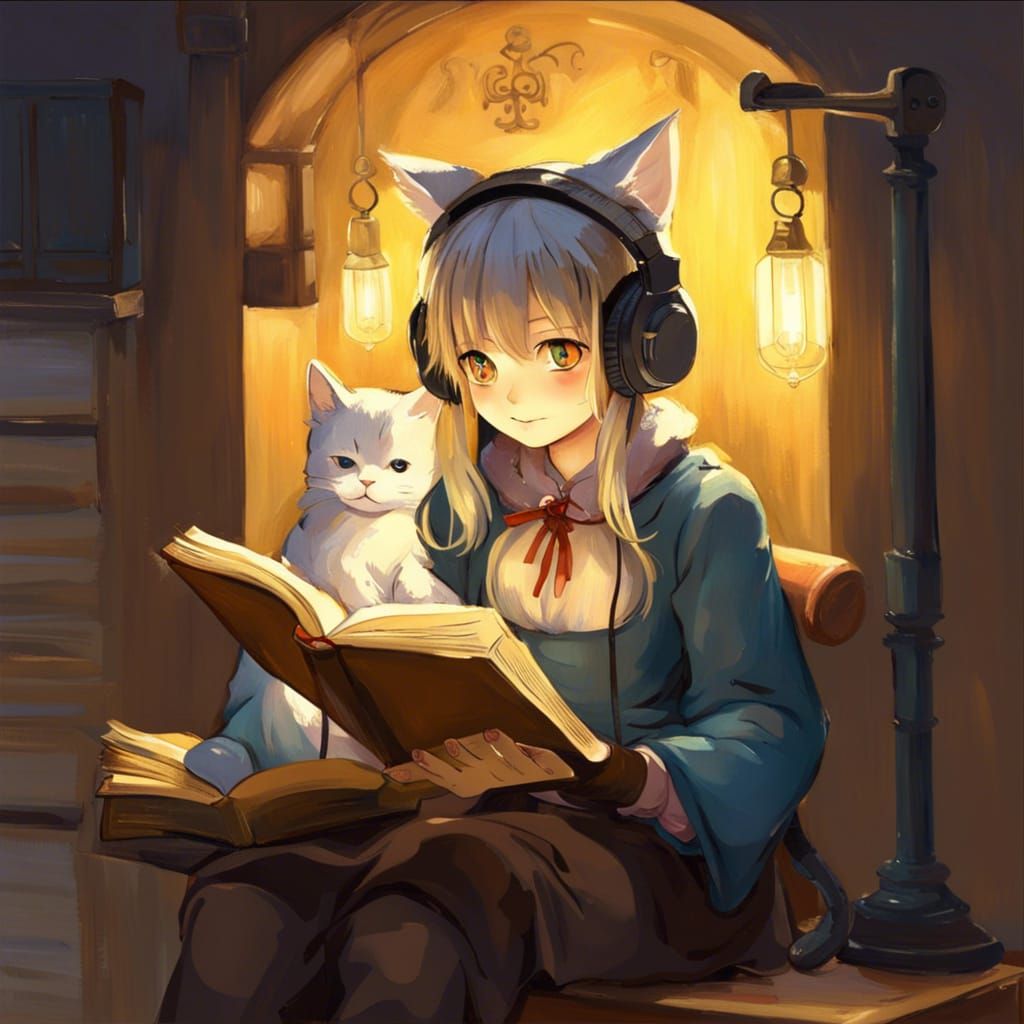 Medieval Cat-Girl Reading: Van Gogh-Style Oil Painting
