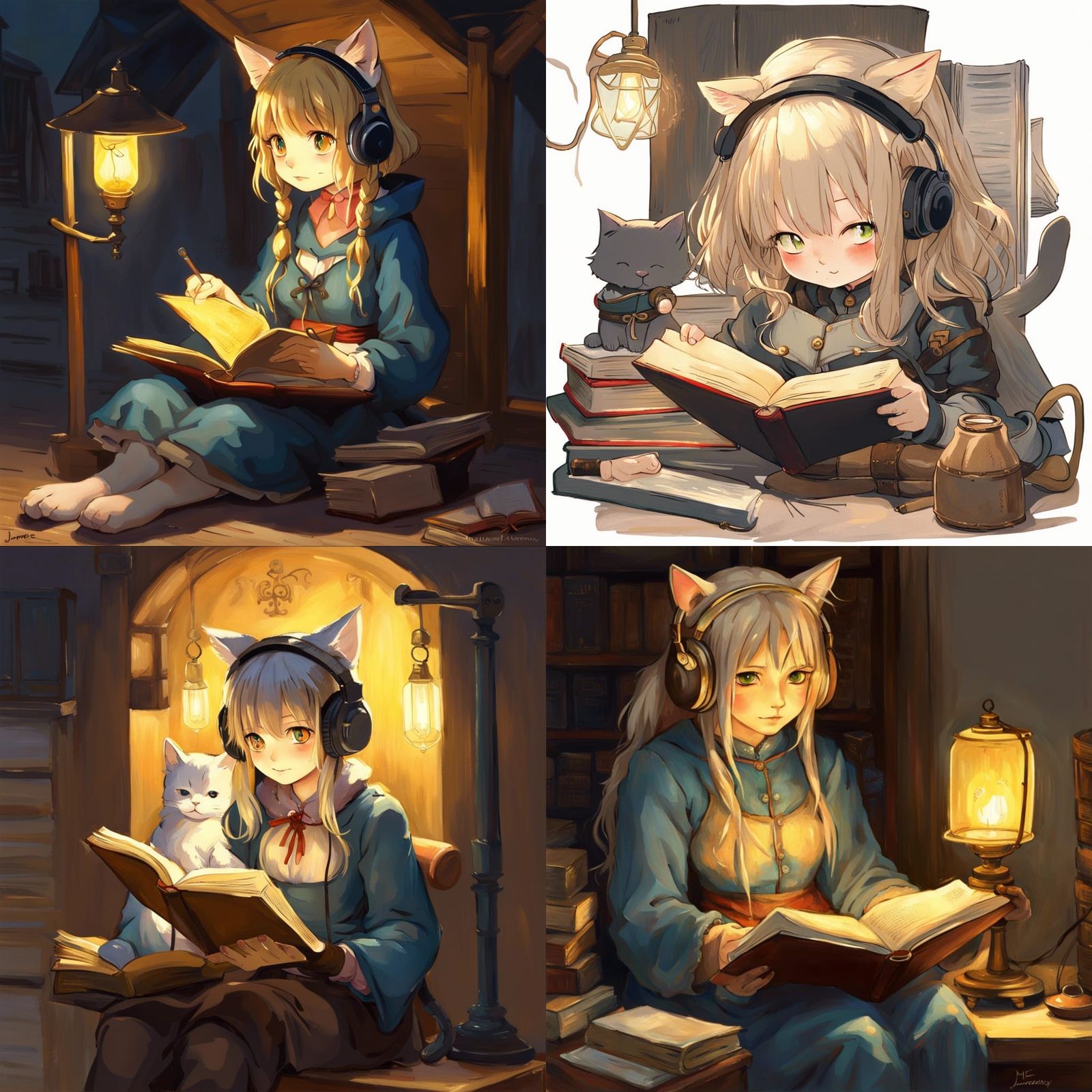 Medieval Cat-Girl Reading, Van Gogh Style