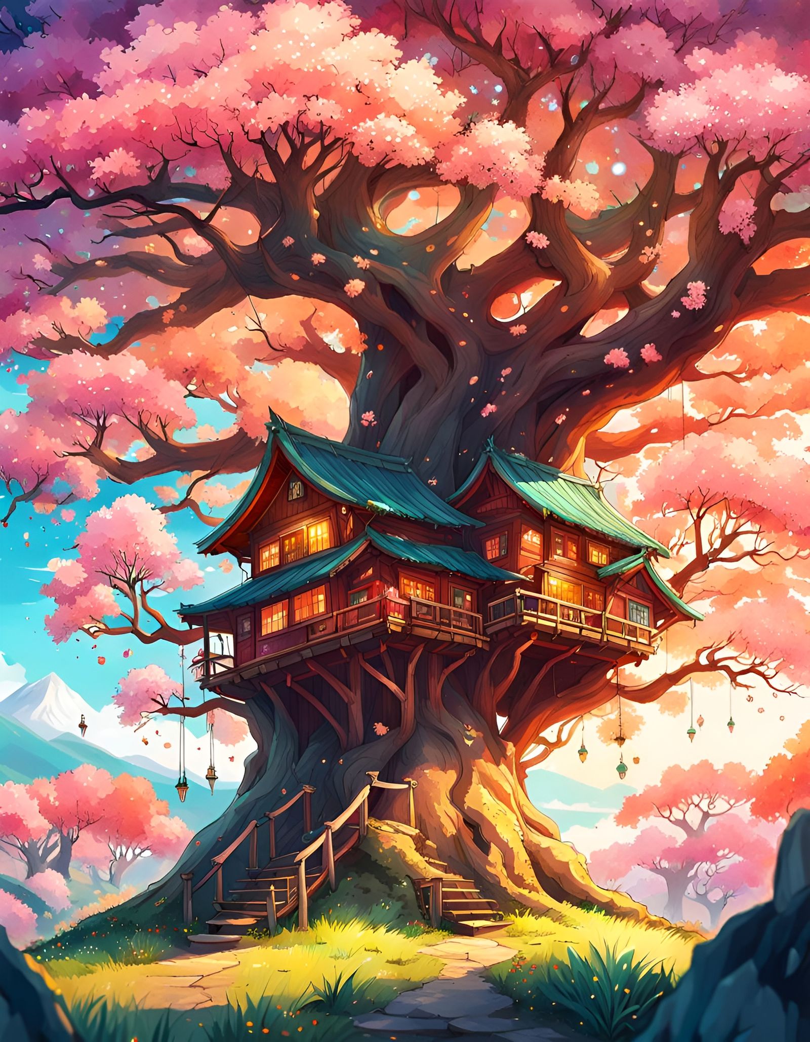 Anime Spring Treehouse Landscape in Watercolor Style