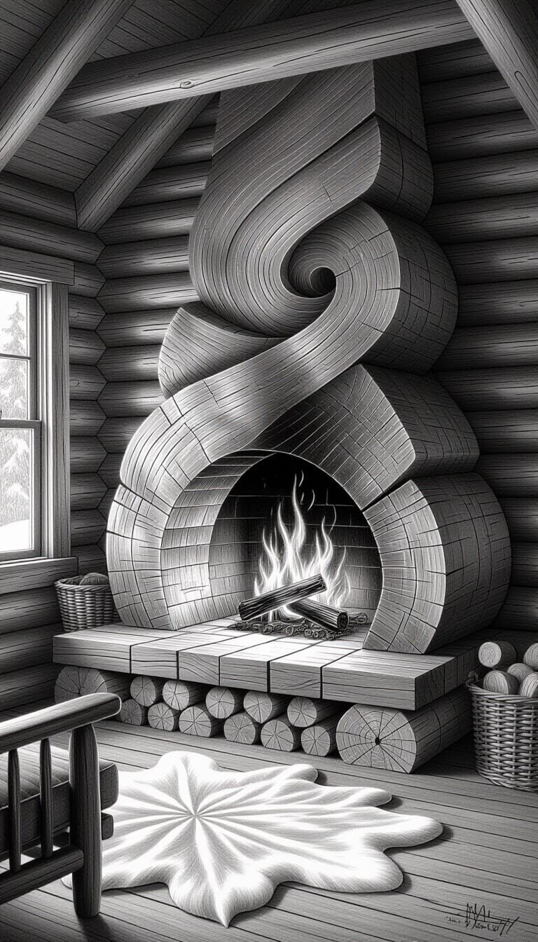 Rustic Log Cabin with Unique Fireplace in Graphite