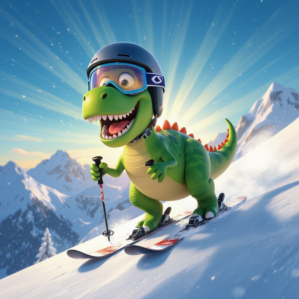 Quirky Dinosaur Skiing Down Snowy Mountain in Pixar Style