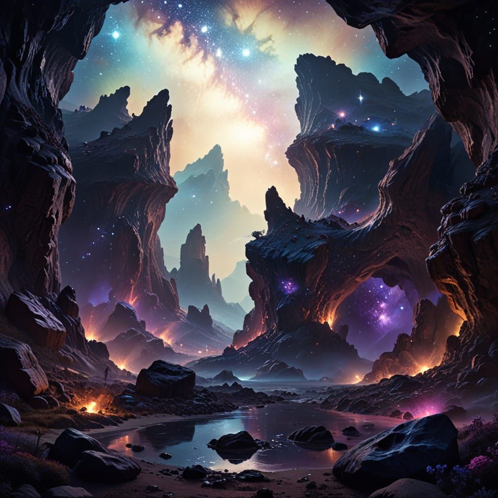 Glowing Cave Caverns Under Starry Science Fiction Sky