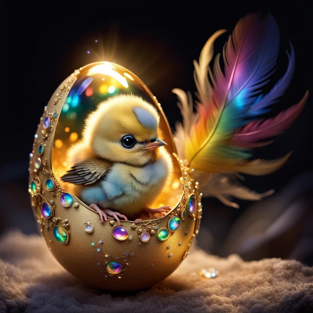 Sparkling Bird Chick Emerges from Golden Egg