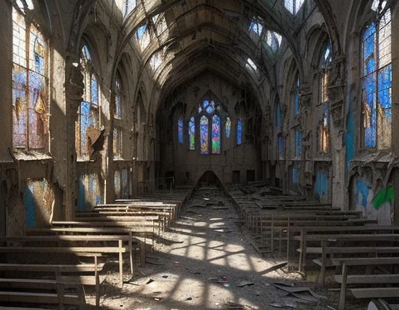 Abandoned Cathedral Interior with Broken Stained Glass