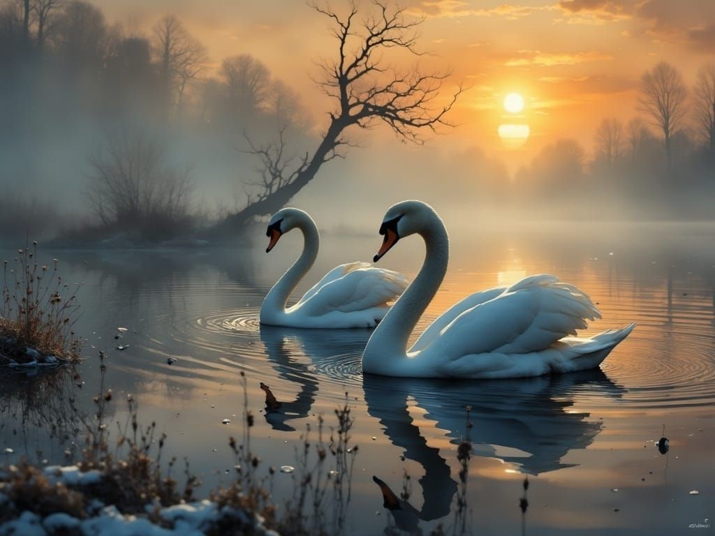 Swans Gliding on Misty Lake at Sunset