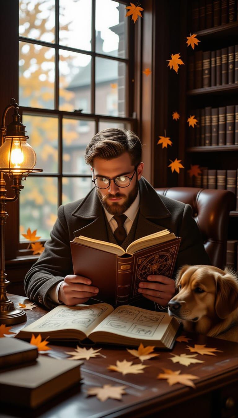 Thoughtful Man Studies Diagrams in Steampunk Study