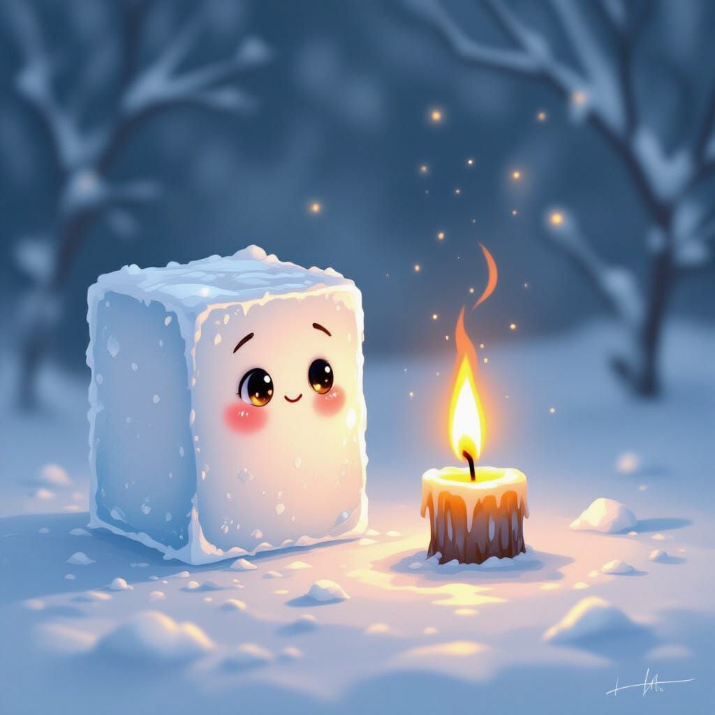 Ice Cube Hugs Flame With Loving Eyes in Whimsical Style