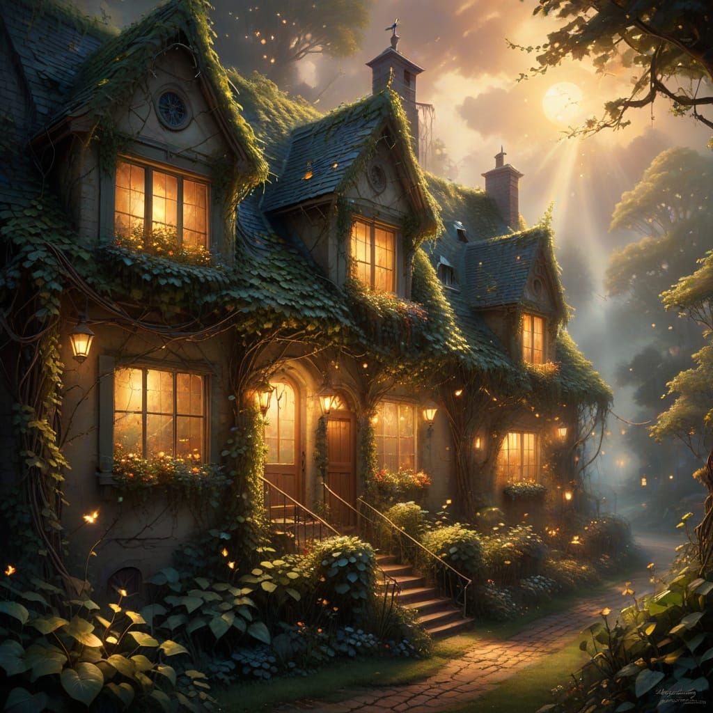 Ethereal Fantasy Village Under Glowing Trees with Solar Pane...