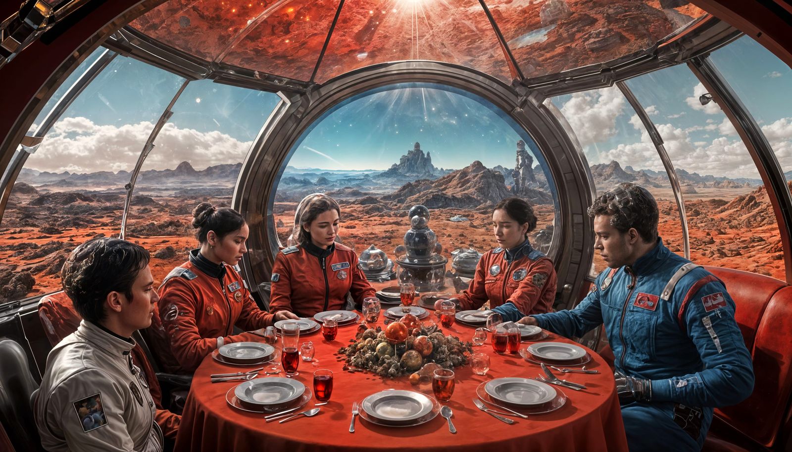 Cosmonauts Reclining After Christmas Feast in Retrofuturisti...