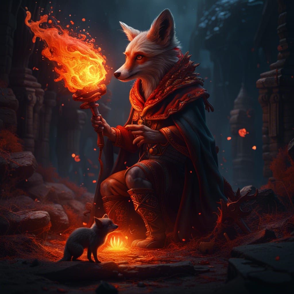 Shaman Witch with Fire Fox: Fantasy Concept Art