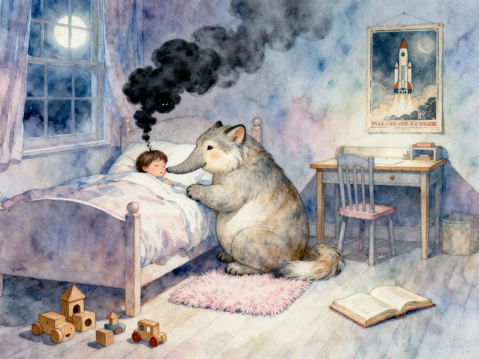 Baku Protects Sleeping Child from Nightmares in Fantasy Art