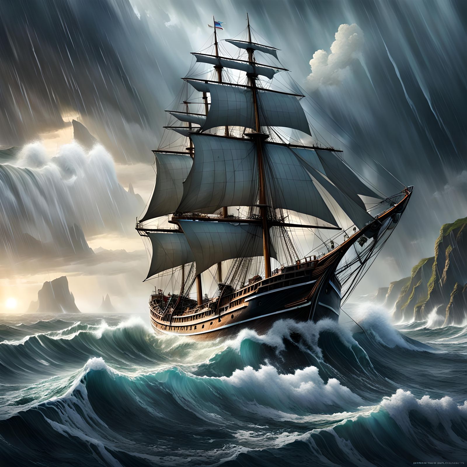 Sailing Ship on Stormy Seas: Hyperrealistic Splash Art