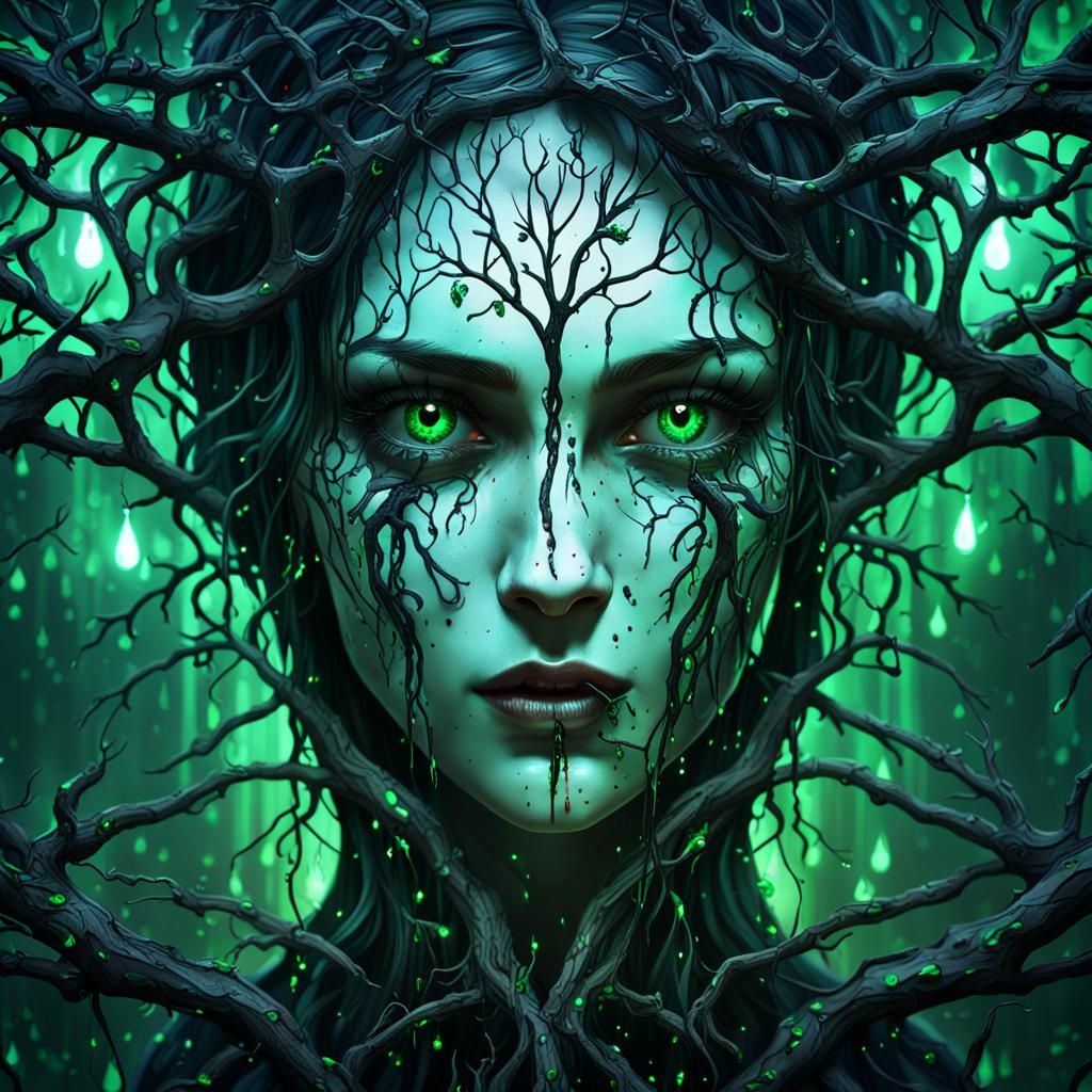 Creepy Green Eyes Reflected in Dark Fantasy Art