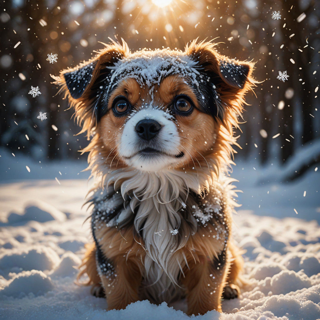 Vibrant Snowy Scene of a Small Dog with Intricately Detailed...