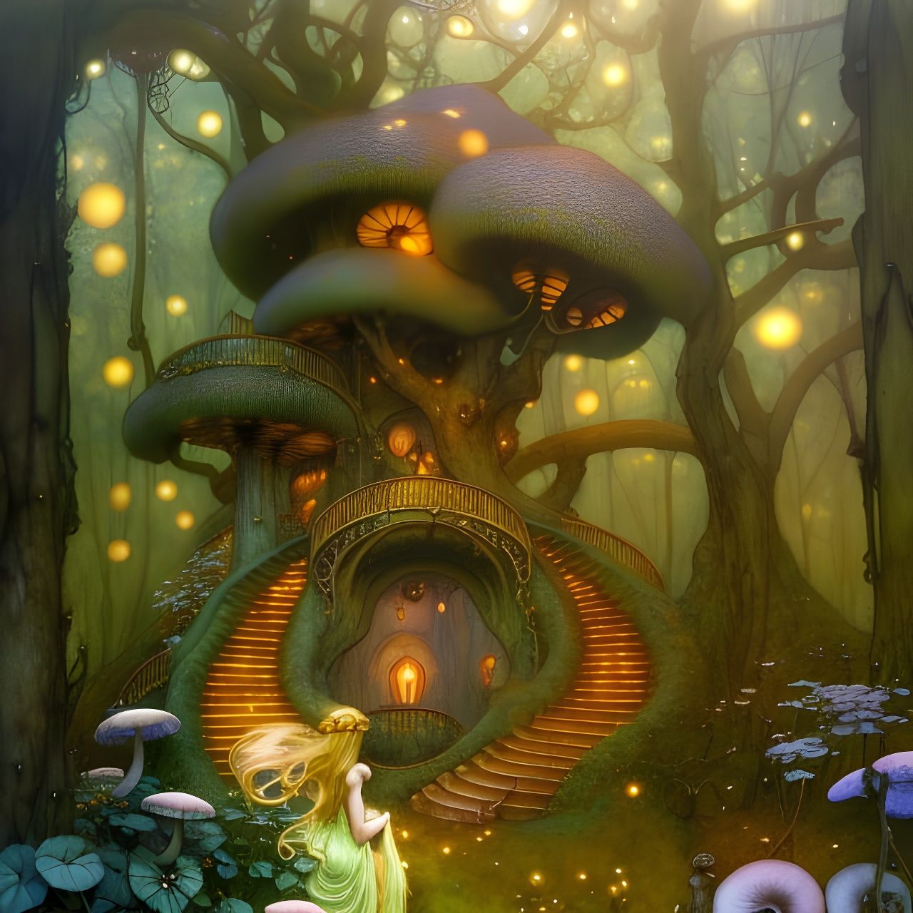 Enchanted Elven Stairway Illustration in Art Nouveau Style