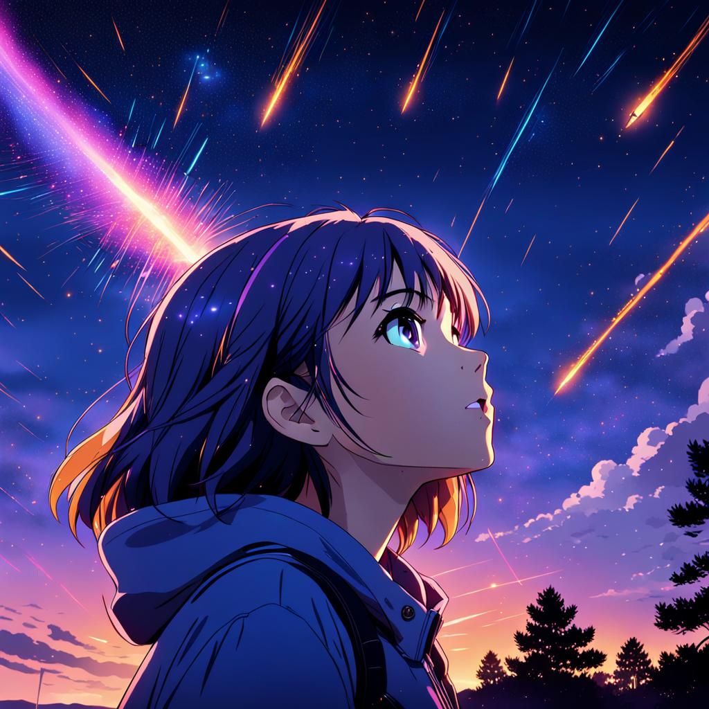 Woman Watches Meteor Shower in Cel-Shaded Anime Style