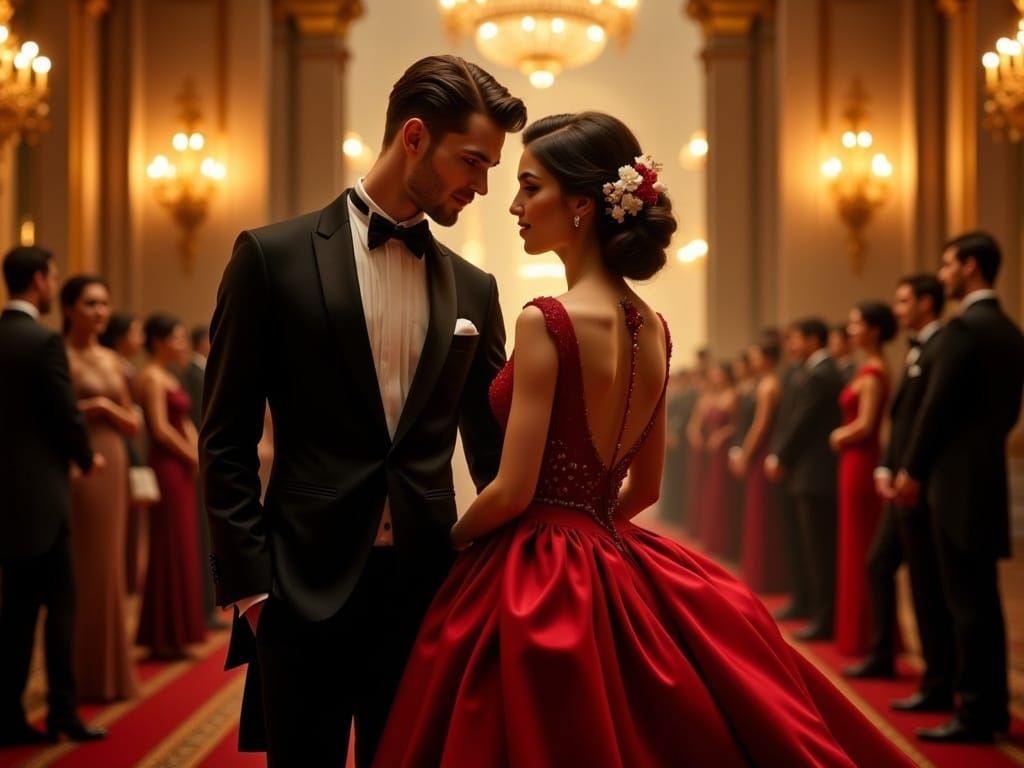 Elegant Couple Enters Opulent Ballroom