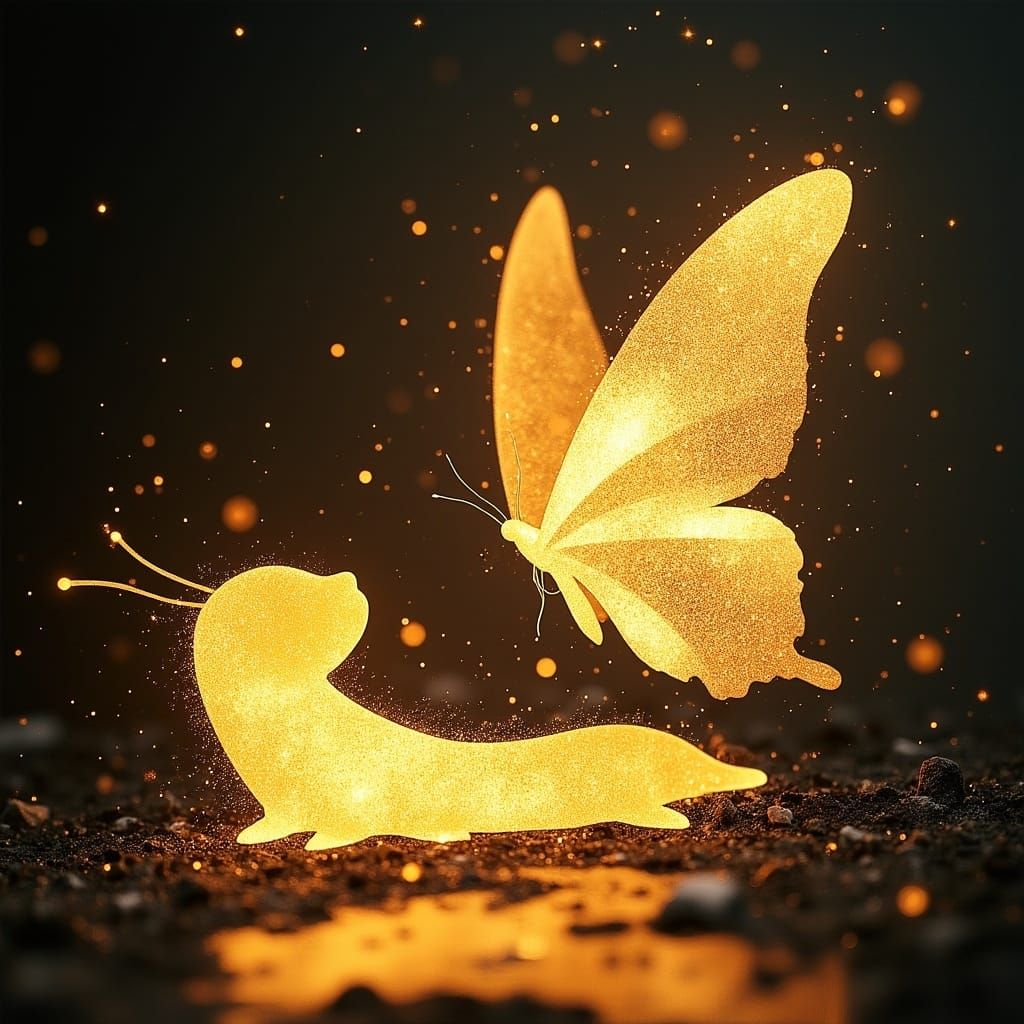 Golden Light Caterpillar Beside Shadowed Butterfly
