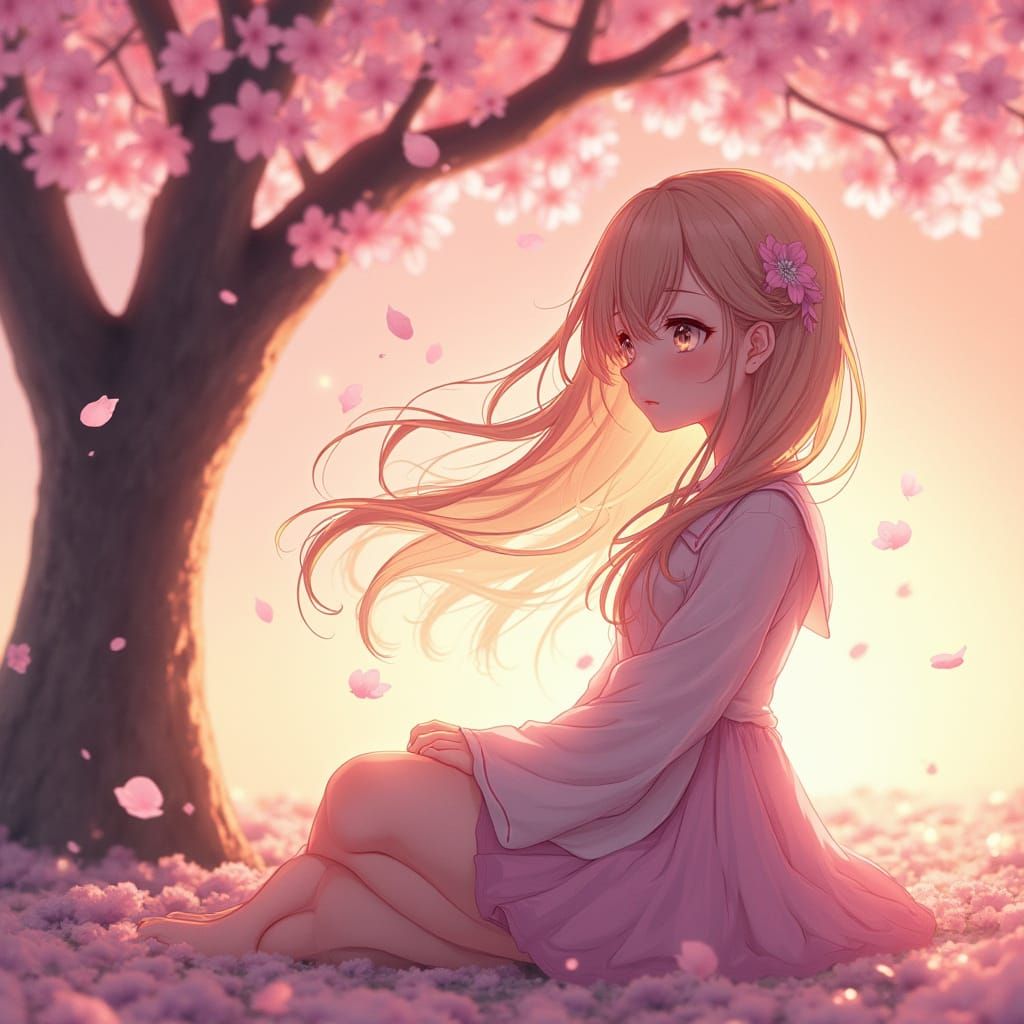 Anime Girl Under Blooming Sakura Tree at Sunset