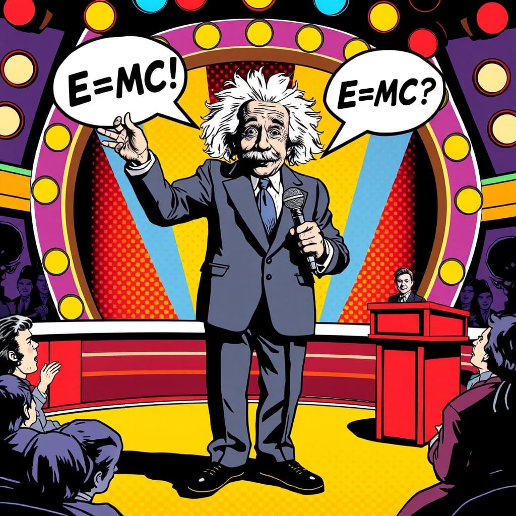 llustrated in the comic-strip style of Roy Lichtenstein Albert Einstein presenting his theory of relativity on a game sh...